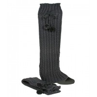 Socks/ Leg Warmers - Knitted Leg Warmers w/ Drawstring Pompom - Dark Gray  - SK-F1005DGY